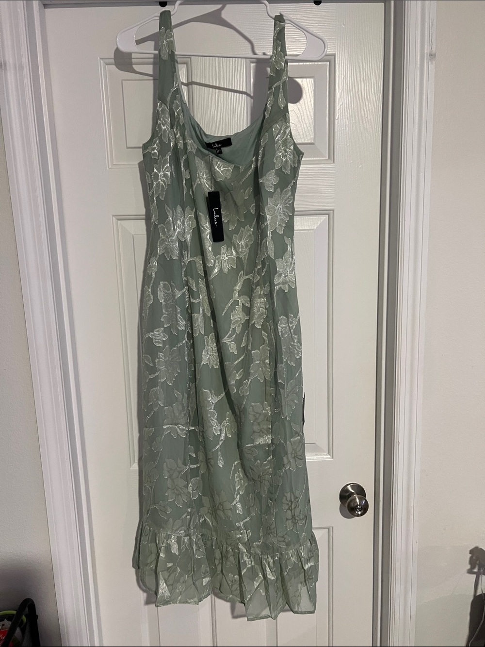 Lulu's Sage Green Floral Lace Midi Dress with Ruffle Hem